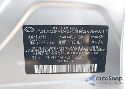2012 Hyundai Sonata Se 2.0T z USA, uszkodzony, nr VIN 5NPEC4ABXCH336508